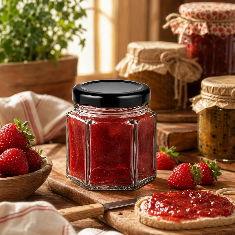 Frasco hexa de 47 ml com tampa BasicSeal preta UNiTWIST Frasco hexagonal de 47 ml com tampa preta cheio de compota de morango numa cozinha rústica com morangos frescos