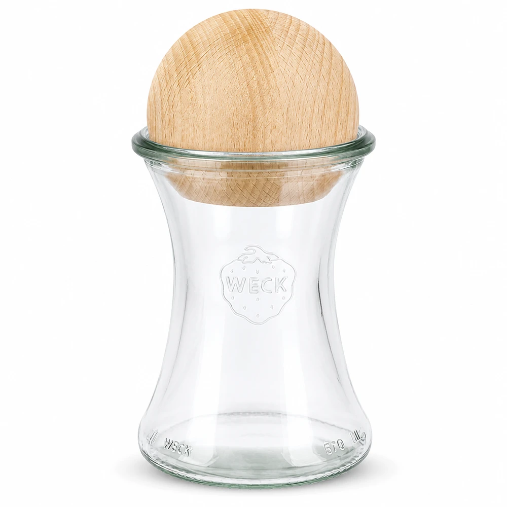 370ml Delikatessengl. WECK RR80 mit Holzkugel Buche Frasco WECK Delicatessen 370ml RR80 com fecho de bola de madeira Frasco de conserva em faia Frasco de armazenamento