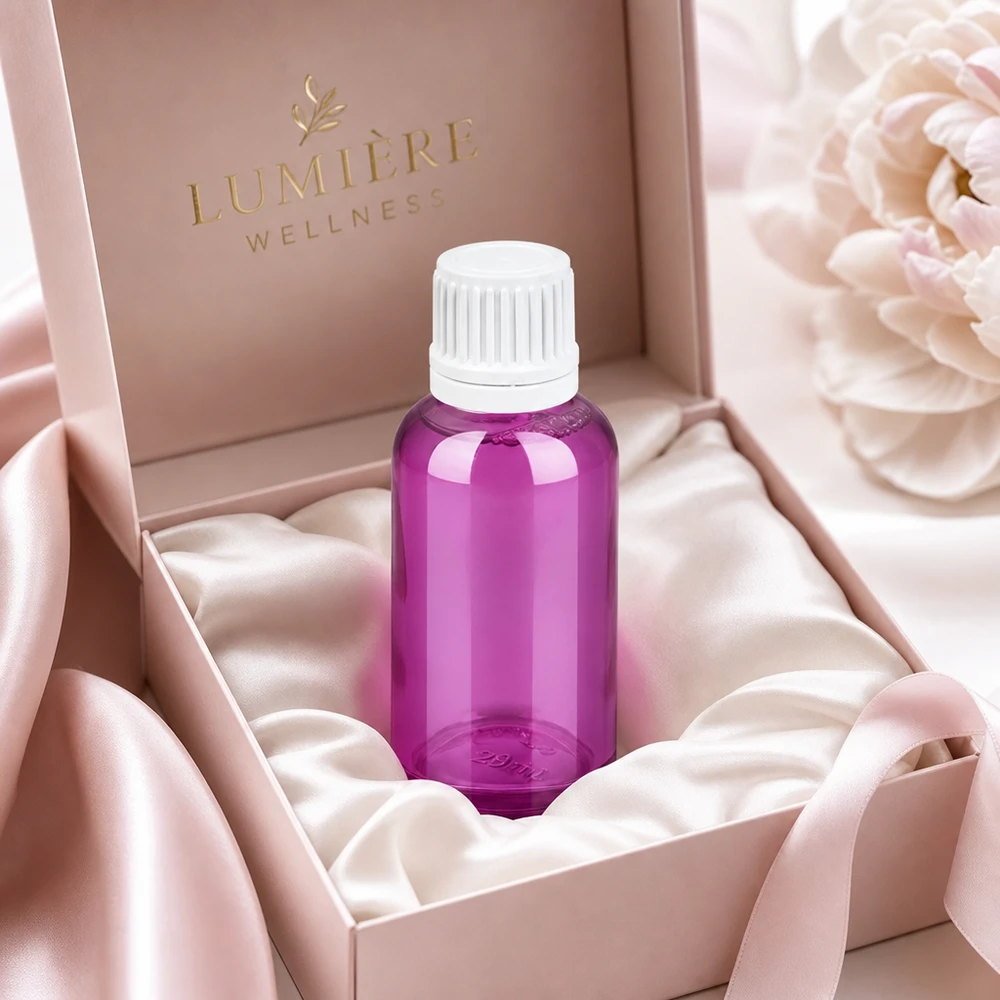 Frasco conta-gotas violeta de 30 ml com um conta-gotas preciso de 0,7 mm para uma aplicação controlada