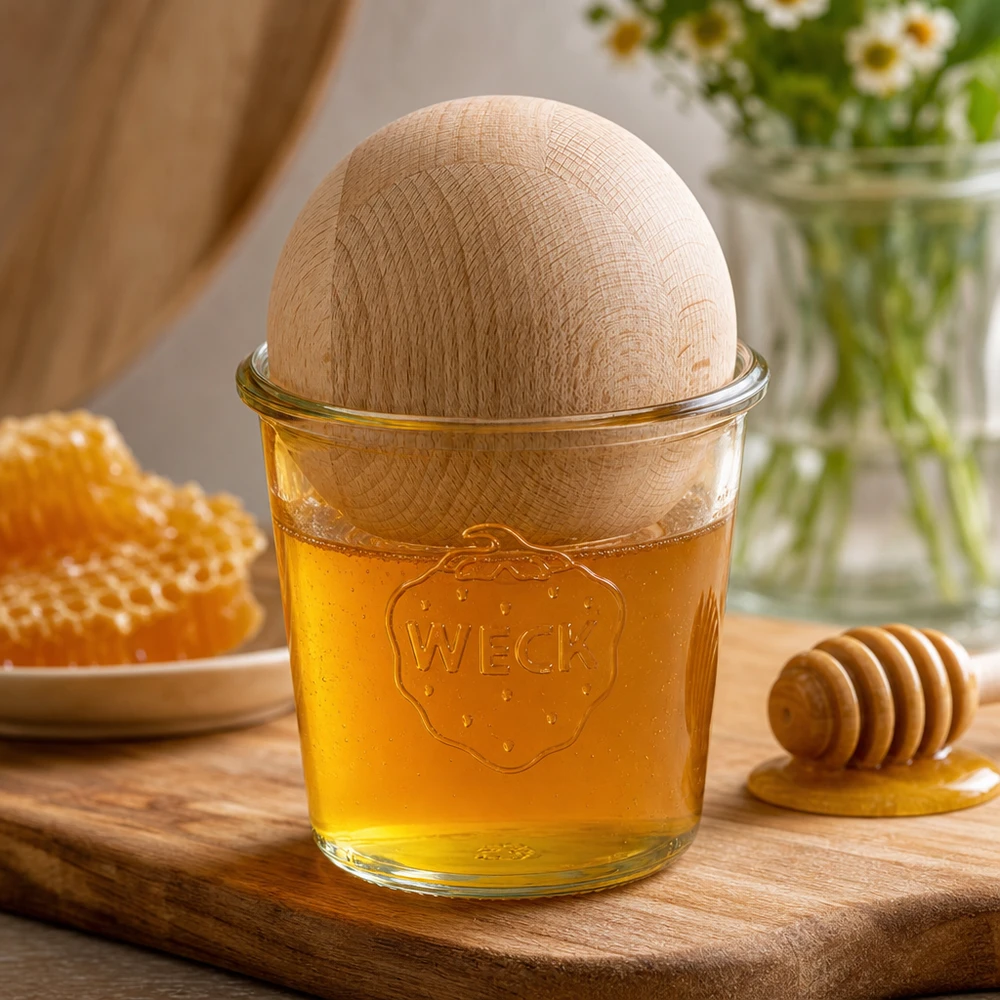 Frasco de vidro WECK RR100 de 580 ml com bola de madeira de faia cheia de mel numa tábua de madeira, ao lado de um favo de mel e de uma colher de mel