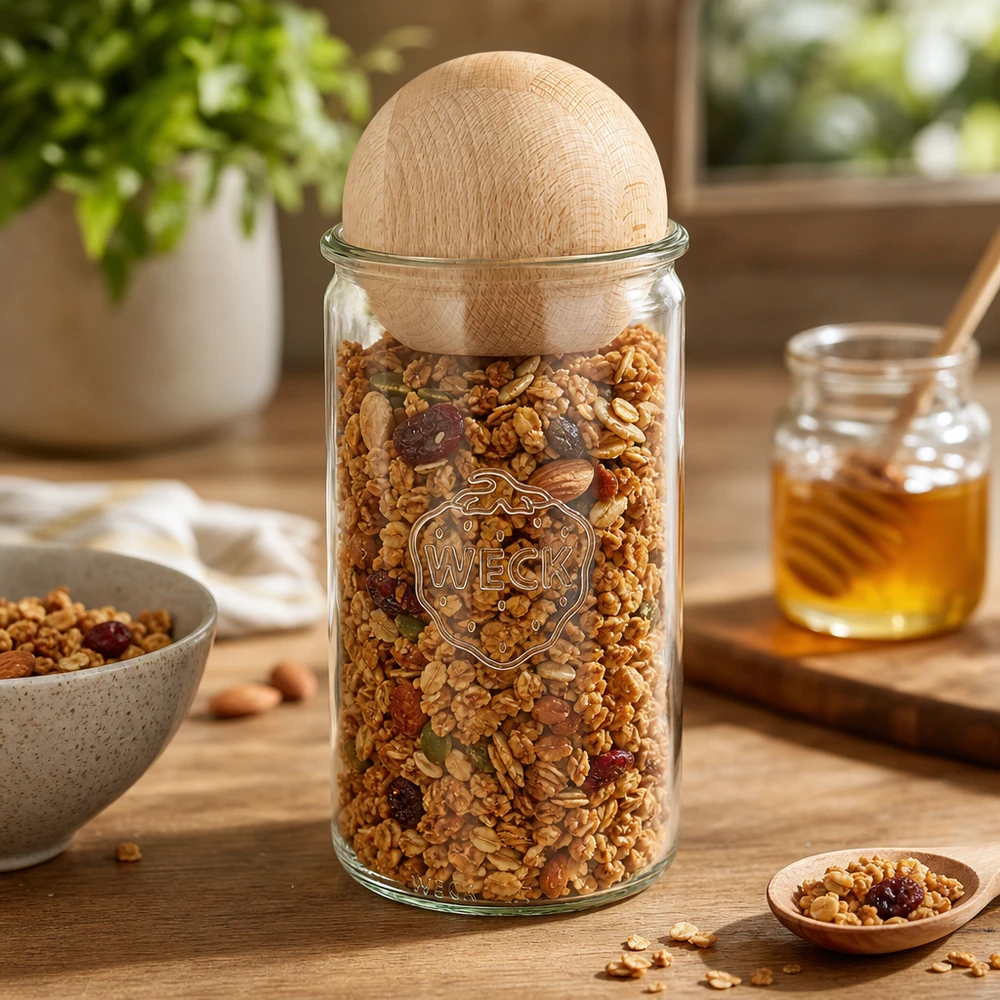 Frasco de arrumação WECK 1590ml RR100 cheio de muesli e frutos secos mostra uma utilização prática na cozinha com rolha de madeira