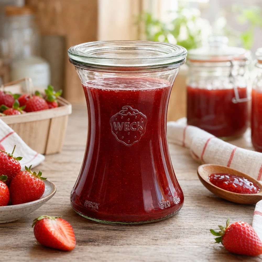 Frasco de conserva de 370 ml com tampa de vidro WECK RR80 O frasco de charcutaria WECK de 370 ml cheio de compota de morango mostra a utilização prática do frasco de conserva RR80 na cozinha