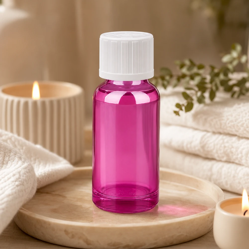 Frasco conta-gotas de 20 ml com 1,2 mm de vidro branco padrão resistente a crianças PurpleLine.UT18/20 Frasco conta-gotas compacto de 20 ml em roxo vibrante com tampa com ranhuras para um manuseamento seguro