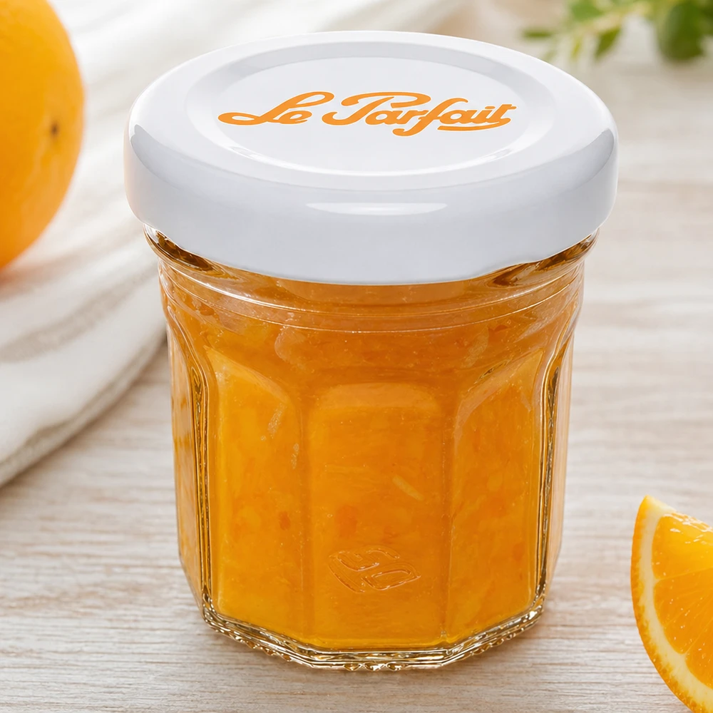 44ml Mini-Sturzglas "Jam" mit Schraubdeckel Le Parfait® Mini copos Le Parfait 44 ml cheios de marmelada de laranja e tampa branca ao lado de fatias de laranja frescas