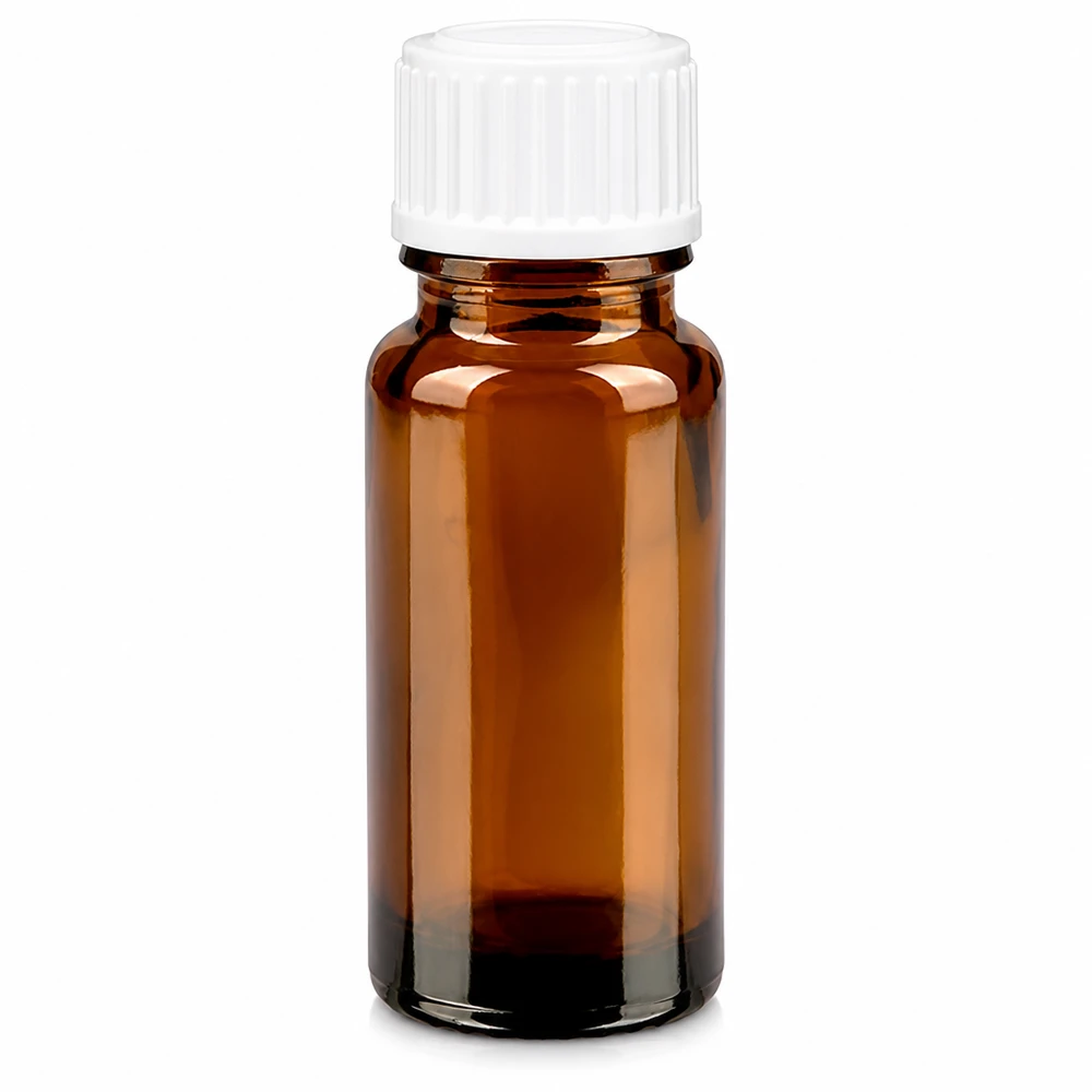Frasco de farmácia castanho de 10 ml, em vidro borossilicato, com tampa conta-gotas branca de 0,9 mm