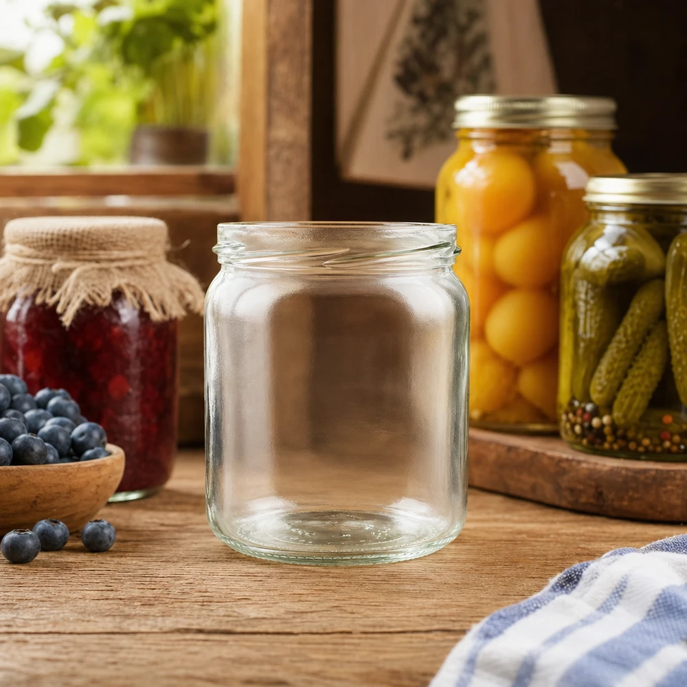 UNiTWIST Runda408 copo redondo vazio de 408 ml TO82 numa cena de cozinha com pepinos e frutos em conserva ao fundo
