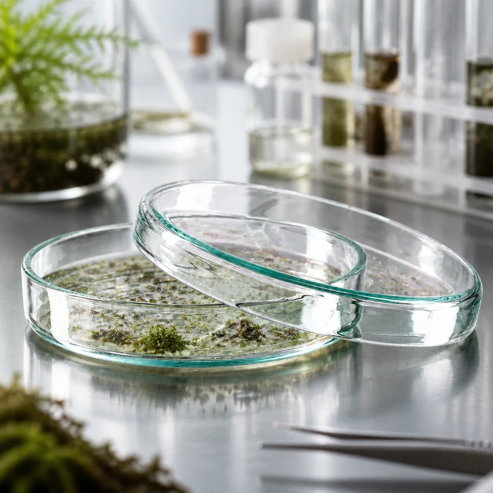 Duas placas de Petri de vidro empilhadas, com 80 x 15 mm, com amostras de plantas verdes sobre uma superfície de aço no laboratório