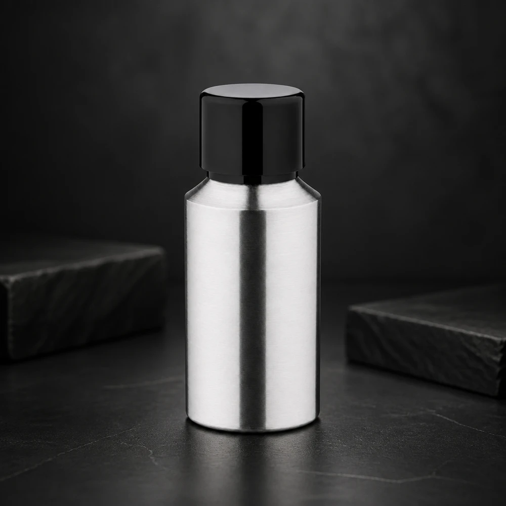 30ml geschliffene Aluflasche mit Schraubkappe Frasco de alumínio de 30 ml de alta qualidade com superfície espelhada e tampa preta para produtos de qualidade superior