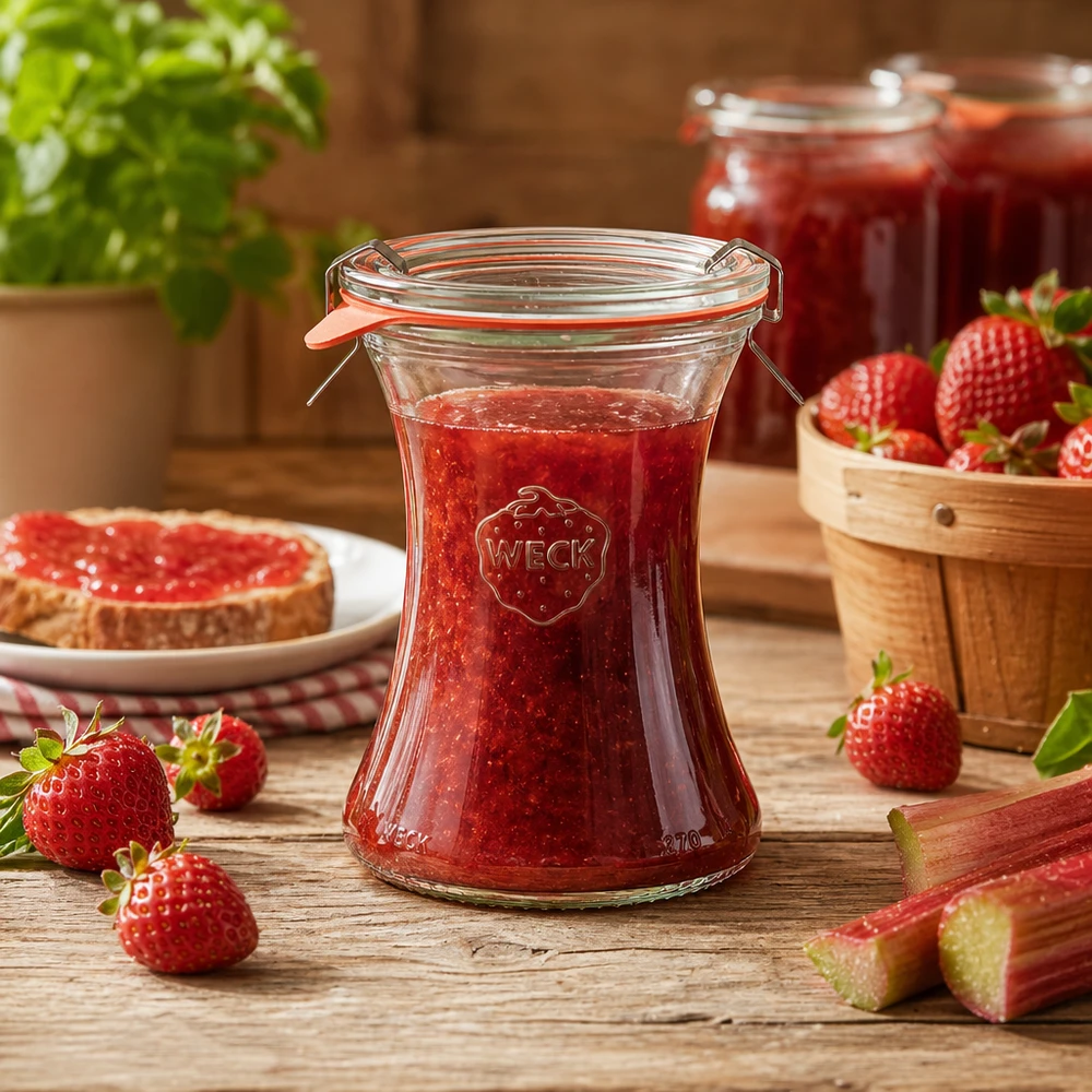 Frasco de conserva WECK 370ml cheio de compota de morango Exemplo de aplicação para conservar compota e marmelada
