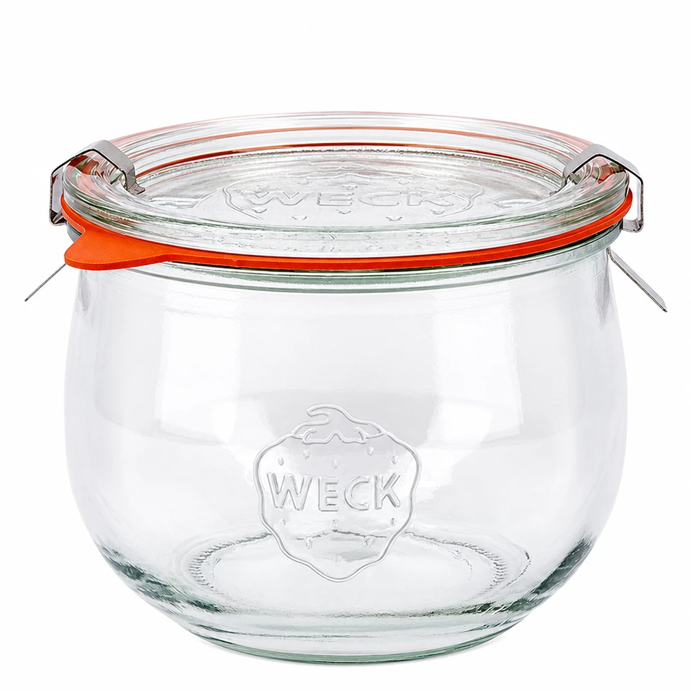 Frasco tulipa WECK 580ml RR100 com tampa de vidro e anel de borracha cor de laranja, frasco de conserva clássico em vidro transparente