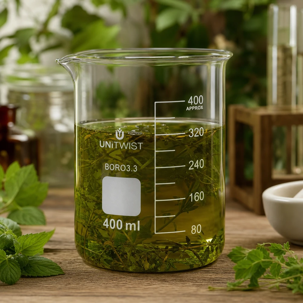 Copo de vidro UNiTWIST de 400 ml com extrato de ervas verdes sobre uma mesa de madeira, rodeado de ervas frescas
