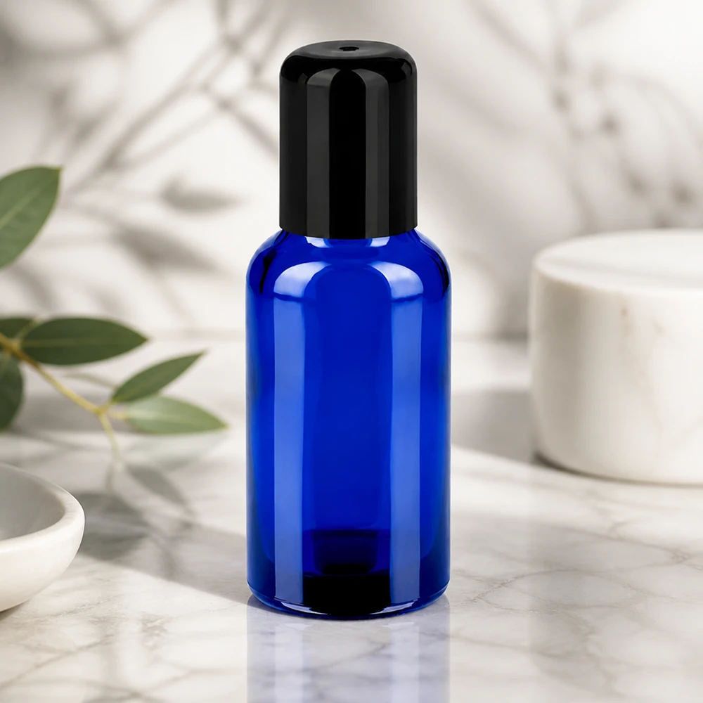 Frasco roll-on de 30 ml de alta qualidade em vidro azul com prático aplicador STD BlueLine preto