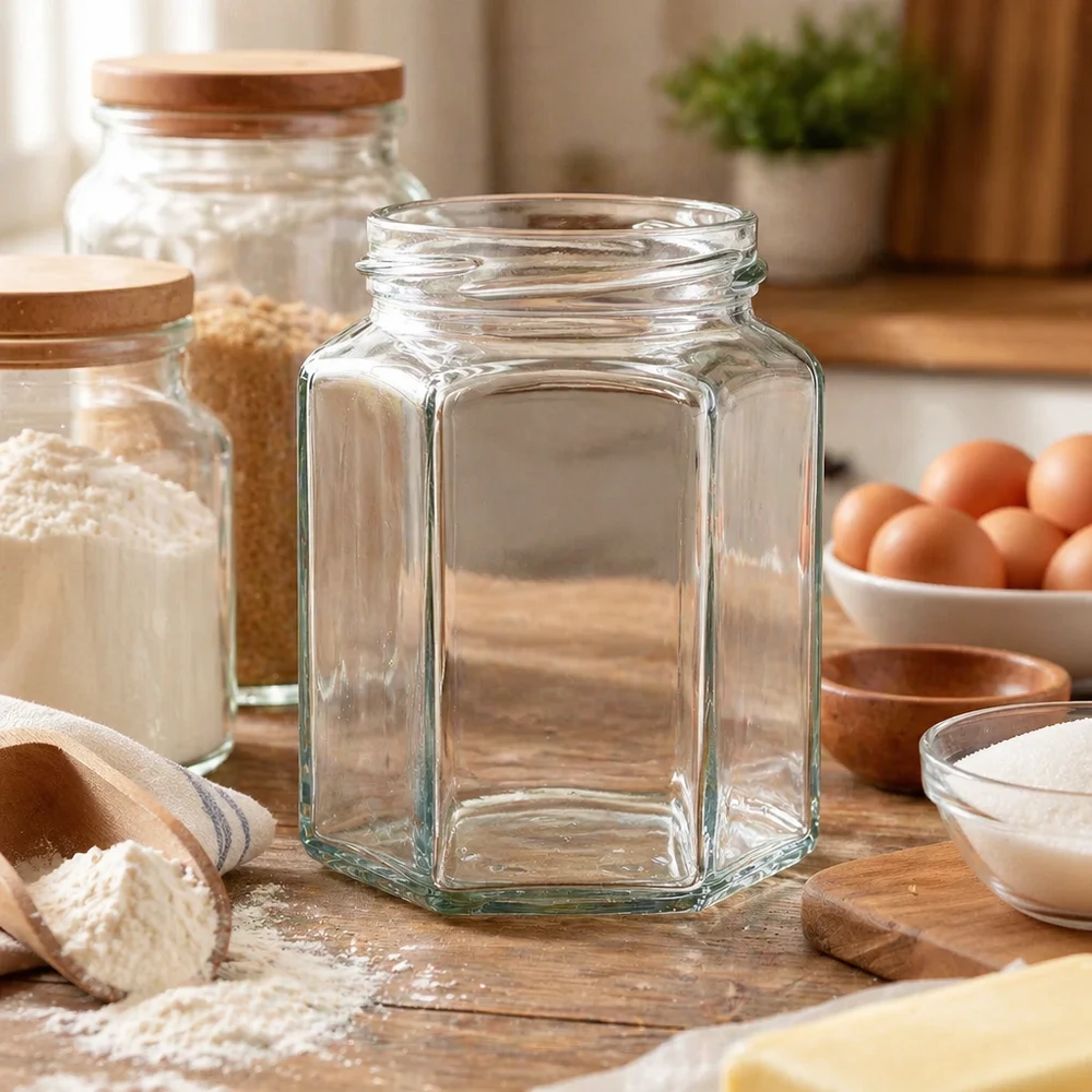 UNiTWIST Hexa288 frasco de conserva hexagonal de 288 ml TO63 vazio sobre uma tábua de madeira na cozinha com ingredientes culinários