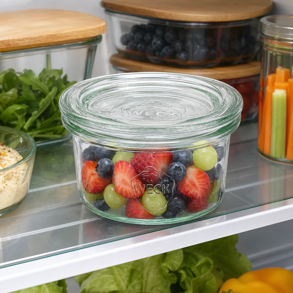 Copos WECK de 50 ml com mistura de bagas no frigorífico para guardar fruta e alimentos frescos