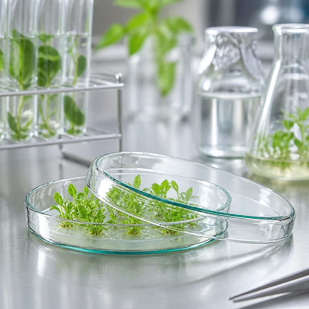 Placa de Petri de vidro, com 90 x 15 mm, com culturas de plantas verdes em meio de cultivo, no laboratório de biotecnologia