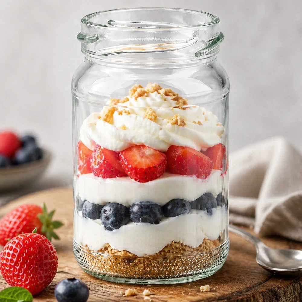 UNiTWIST Runda110 copo redondo de 110 ml TO48 cheio com uma sobremesa em camadas de frutos silvestres, iogurte e crumble numa mesa de madeira