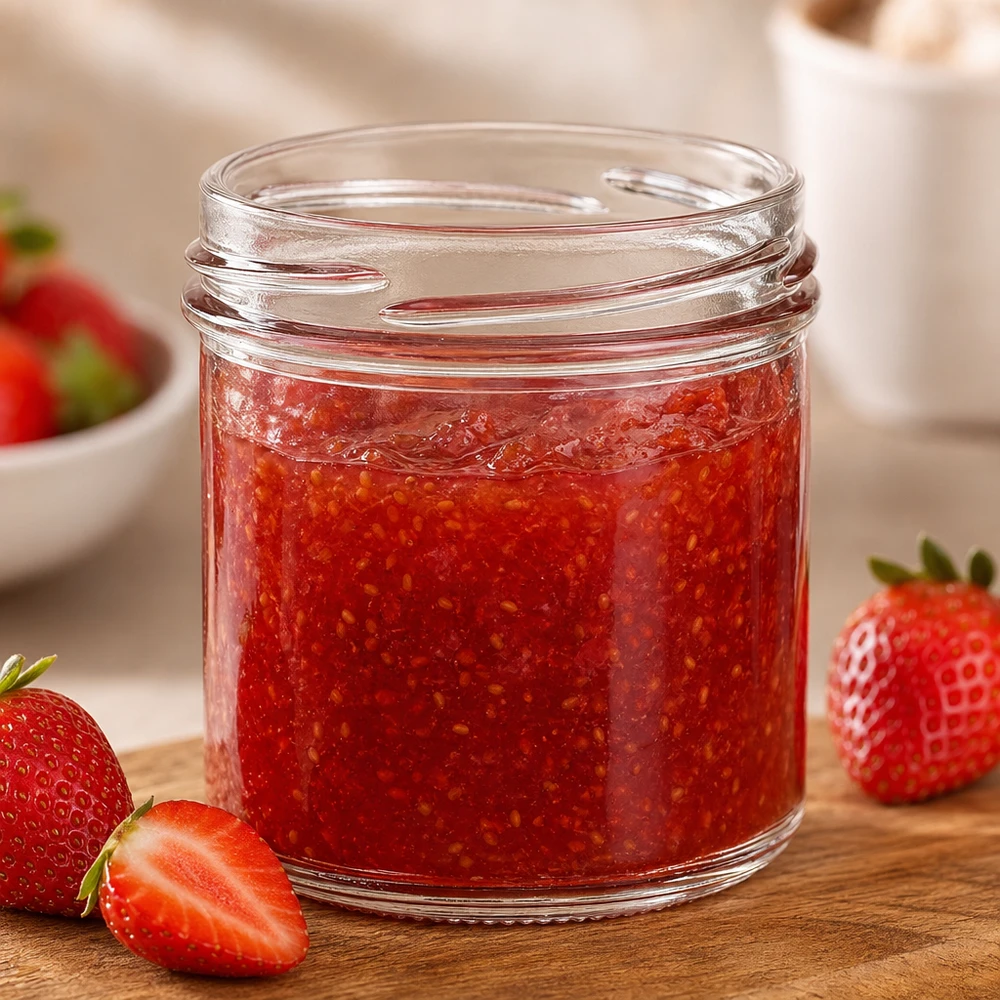 Copos de vidro de 167ml sem tampa (TO66) UNiTWIST UNiTWIST Sturz167 copos de 167 ml TO66 cheios de compota de morango numa tábua de madeira com morangos frescos