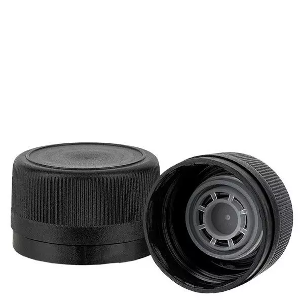Tampa de rosca em polipropileno 31,5 mm preto com bico de verter Fecho inviolável Tampa de rosca em polipropileno 31,5 mm preto com bico de verter Fecho inviolável