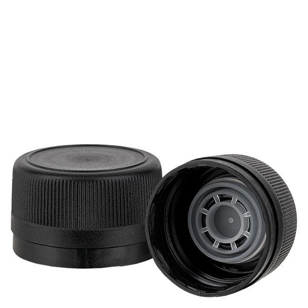 Tampa de rosca em polipropileno 31,5 mm preto com bico de verter Fecho inviolável Tampa de rosca em polipropileno 31,5 mm preto com bico de verter Fecho inviolável