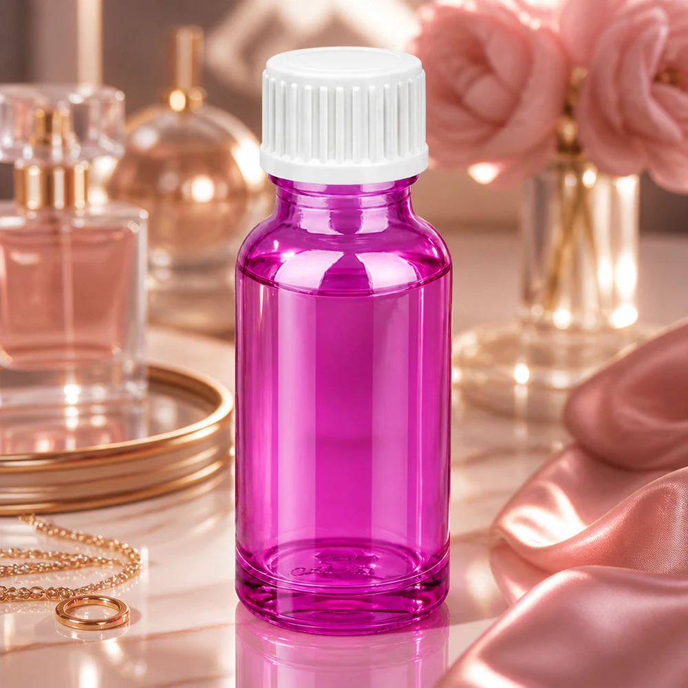 Frasco de vidro de 20 ml de alta qualidade em roxo brilhante com tampa de rosca à prova de crianças