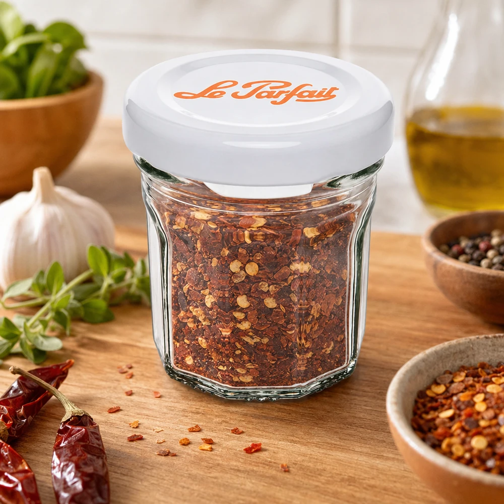 44ml Mini-Sturzglas "Jam" mit Schraubdeckel Le Parfait® Mini copos Le Parfait de 44 ml cheios de especiarias picantes misturadas com ervas e especiarias numa base de madeira