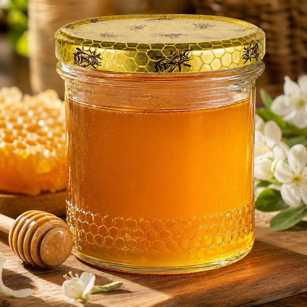 Frasco de mel dourado de 400 ml com tampa em forma de favo de mel BasicSeal, colher de mel de madeira e flores numa mesa de madeira rústica
