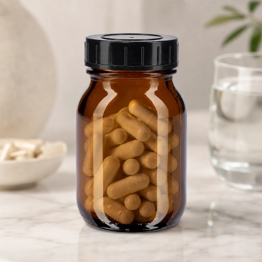 Frasco de vidro âmbar de 75 ml de alta qualidade com tampa de rosca para uma óptima conservação dos suplementos alimentares