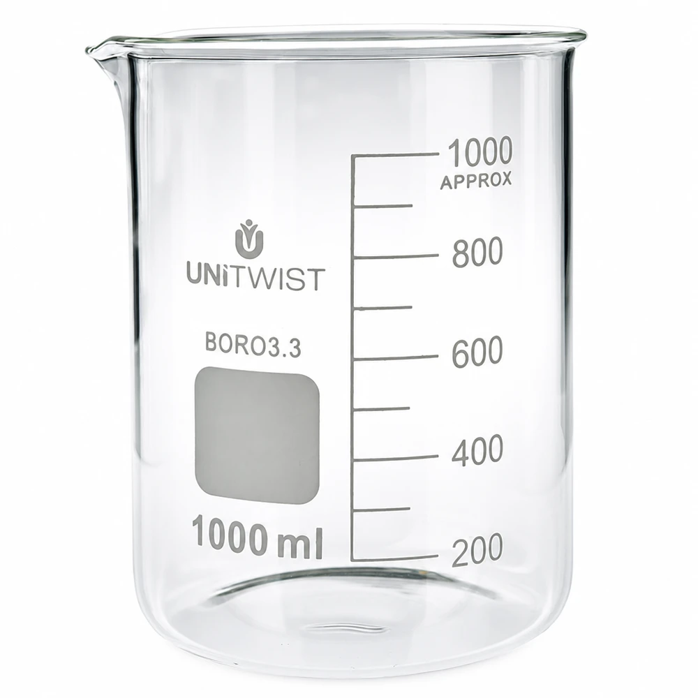 Copo 1000 ml de borossilicato, baixo teor de bolor UNiTWIST Copo de laboratório de 1000 ml em borossilicato, de formato baixo, com escala até 1000 ml, da UNiTWIST