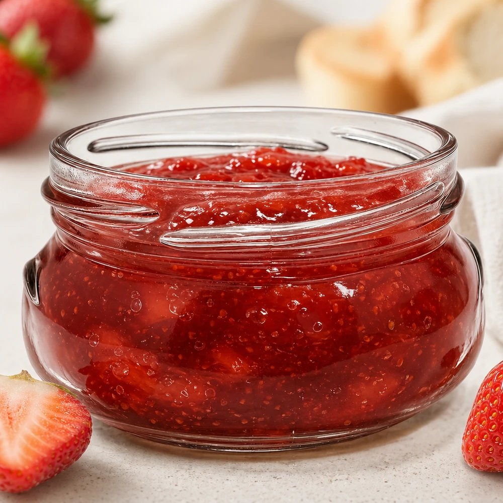 UNiTWIST Terrina120 frasco para terrina 120ml TO70 cheio de compota de morango vermelho ao lado de morangos frescos