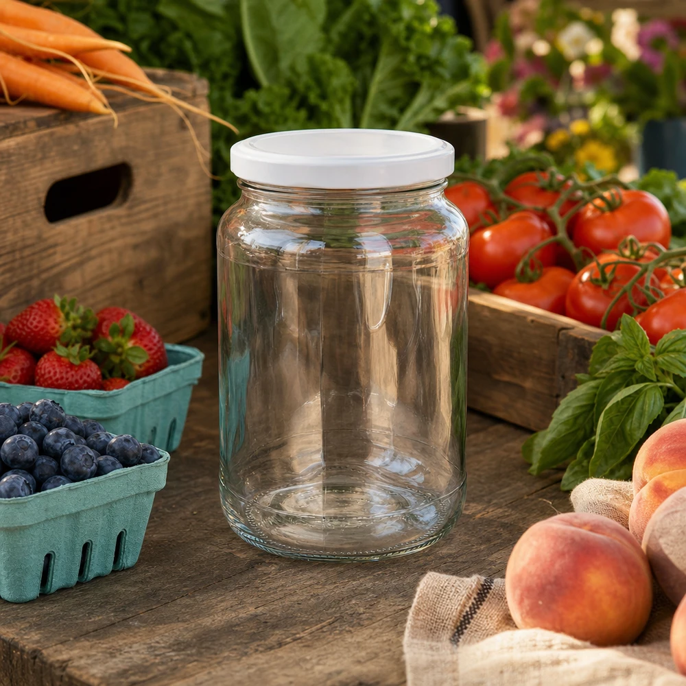 Frasco redondo branco BasicSeal de 1700 ml numa banca de mercado com tomates frescos, morangos e pêssegos mostra versatilidade