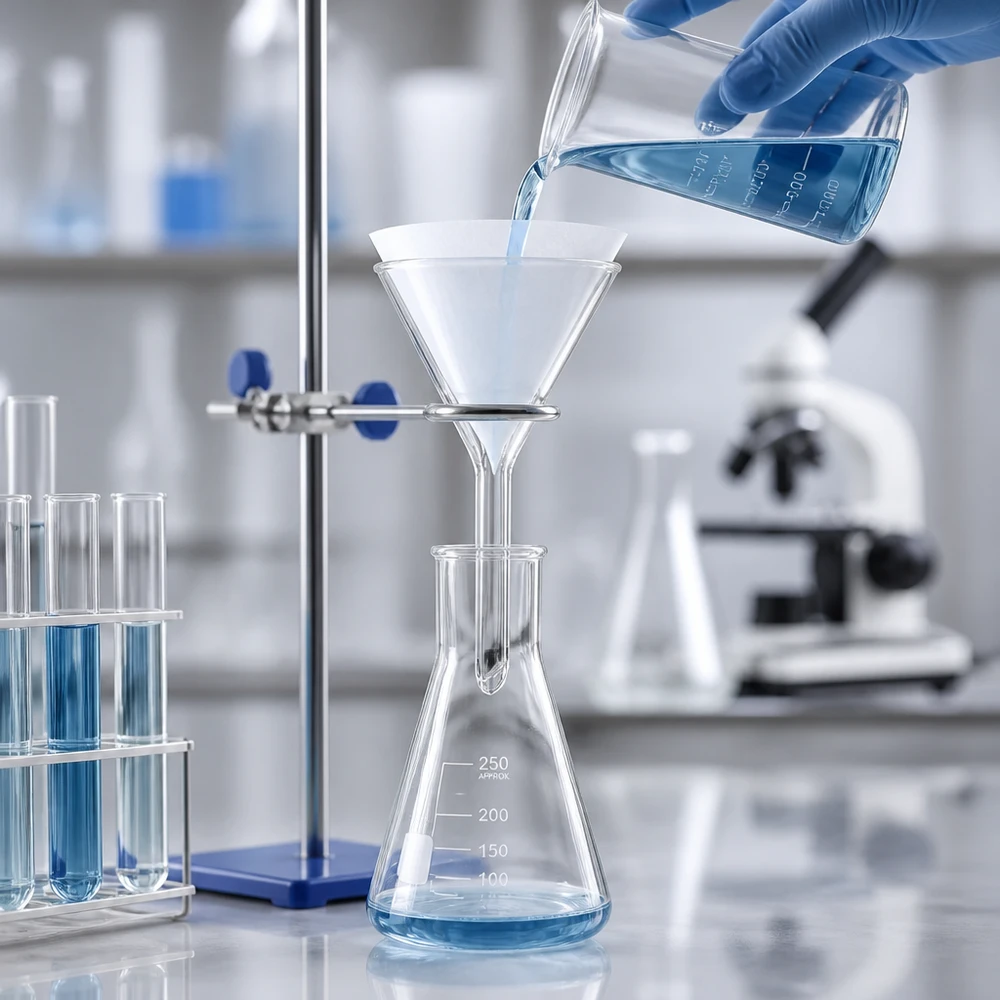 Funil ø35mm cal sodada, ângulo 60°, estilo curto Funil de vidro de cal sodada com cabo curto para decantação precisa de líquidos no laboratório