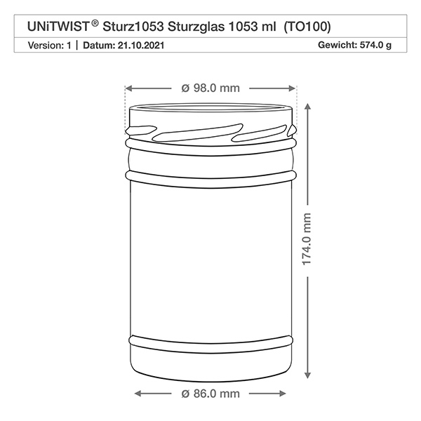 Copos de vidro de 1053 ml sem tampa (TO100) UNiTWIST Desenho técnico dos copos UNiTWIST 1053ml TO100 com dimensões Diâmetro 98mm Altura 174mm Peso 574g