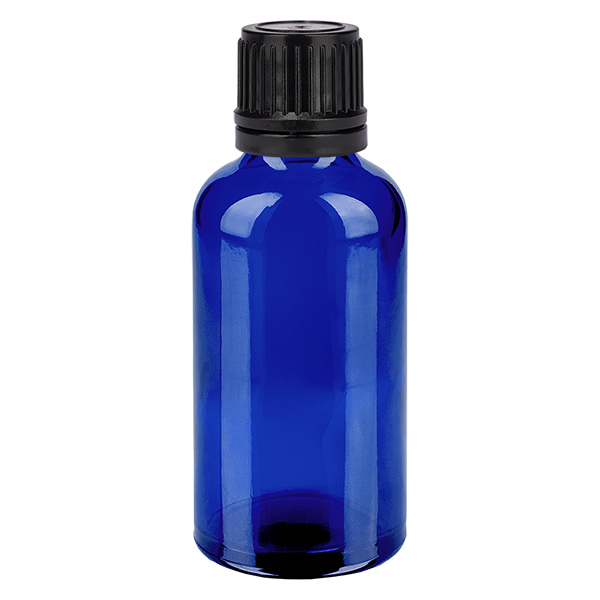 Frasco de 50ml (globule) 3mm GR c/ anel vertedor preto c/ fecho inviolável AzulL. UT18/50