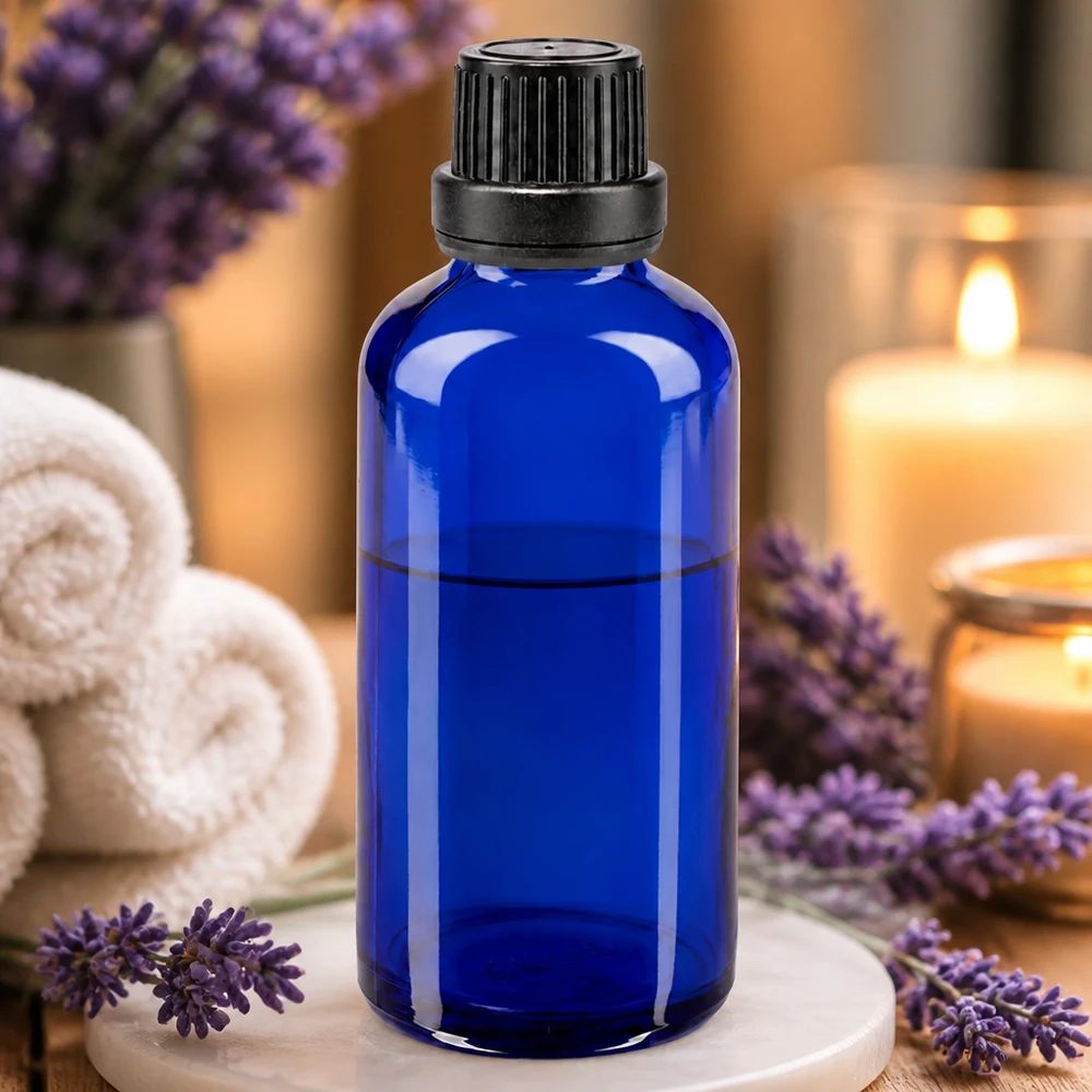 Frasco conta-gotas azul de 50 ml com tampa OV preta para óleos essenciais, com base em madeira e com lavanda