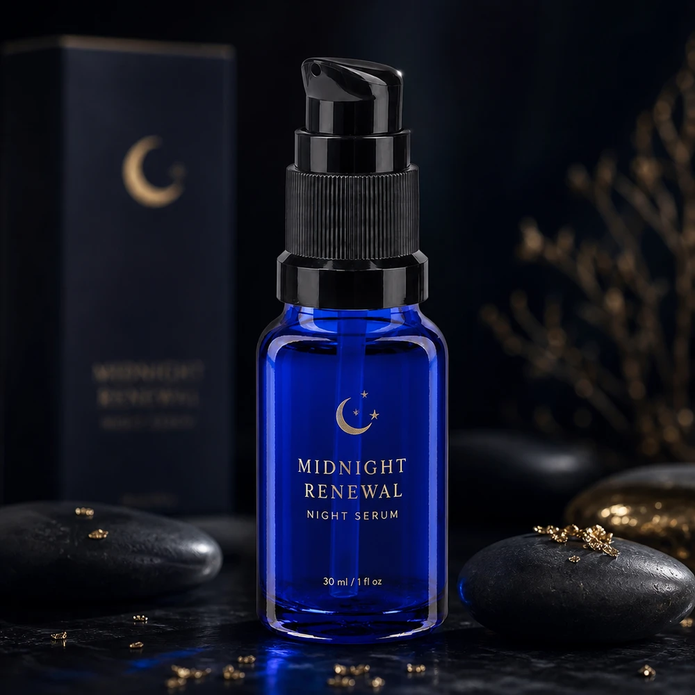 Frasco de farmácia azul 10ml tampa pump preto standard Frasco de vidro de farmácia azul de 10 ml com bomba STD e dosador preto para sérum noturno e cuidados faciais