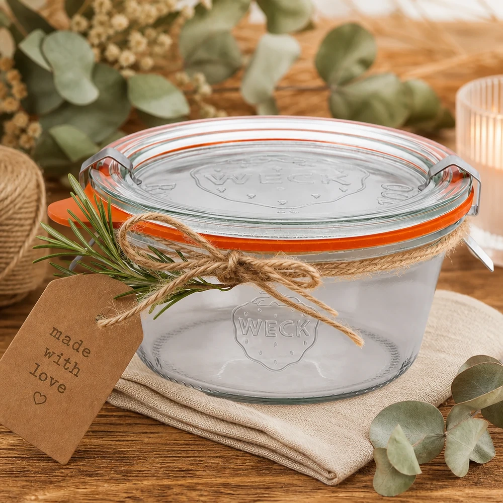 290ml Sturzglas niedrig komplett WECK RR100 Copos WECK 290ml RR100 como ideia de presente decorados com fio de juta e alecrim e pendente Made with Love