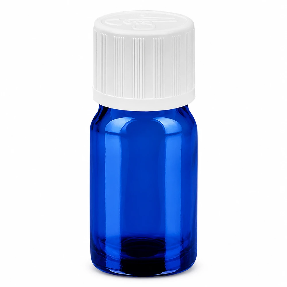 Frasco de 5 ml com tampa de rosca de 11 mm branco padrão à prova de crianças BlueLine UT18/5 Frasco de vidro azul de 5 ml com tampa de rosca branca para aplicações laboratoriais e armazenamento de amostras