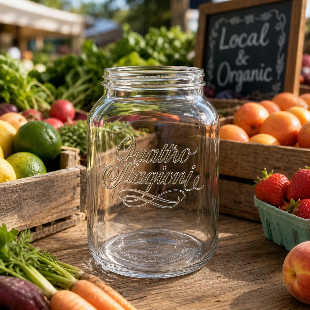 Copo doméstico Quattro Stagioni de 3000 ml numa mesa de madeira com frutas e legumes frescos do mercado dos agricultores