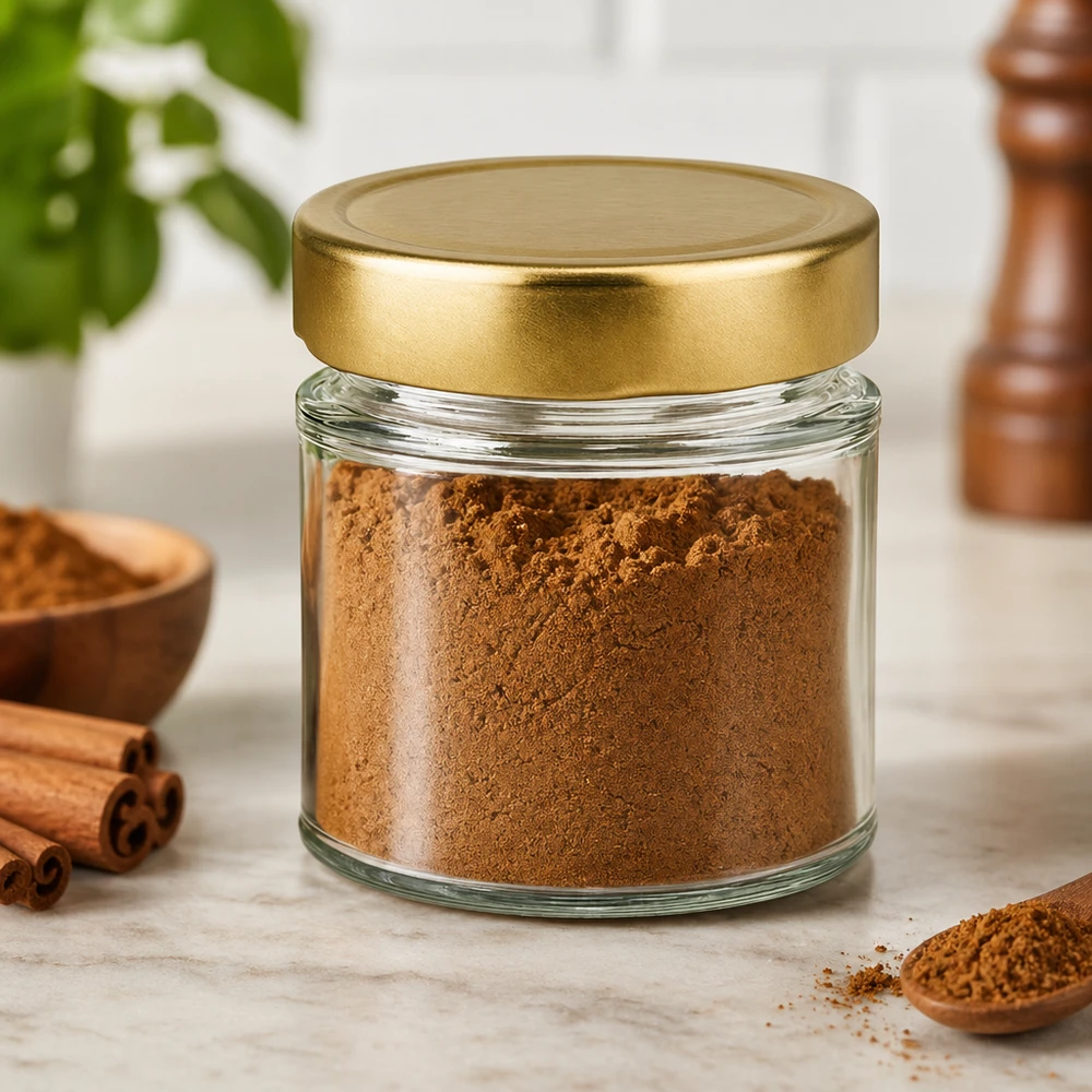 Frasco redondo de 154 ml BasicSeal dourado cheio de pó castanho canela especiarias cenário de cozinha armazenamento frasco de armazenamento
