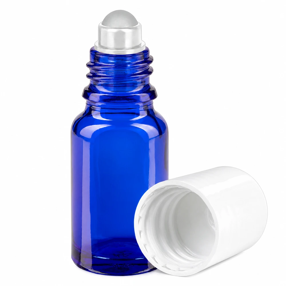Frasco roll-on de 10ml branco com tampa standard BlueLine UT18/10 Frasco de vidro azul de 10 ml com aplicador roll-on para óleos essenciais e cosméticos