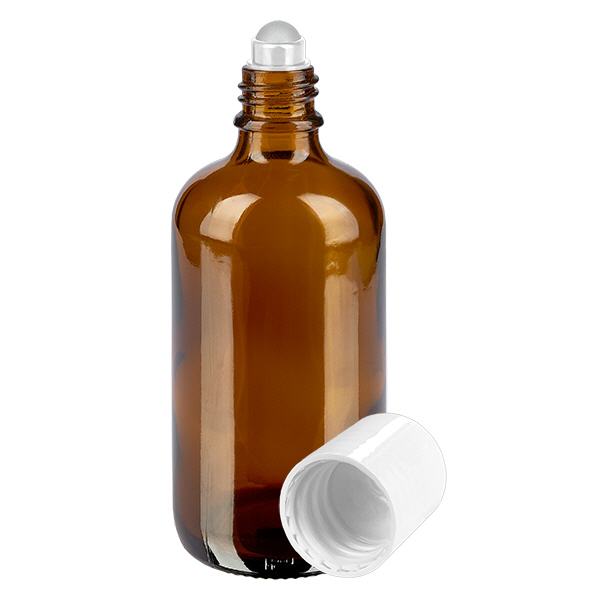 Frasco de farmácia castanho 100ml tampa roll-on branca Frasco de farmácia castanho 100ml tampa roll-on branca