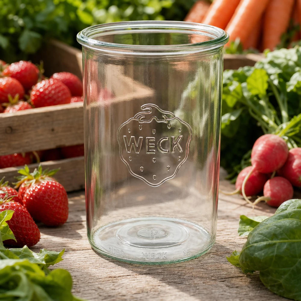 Frasco de vidro de 1000 ml WECK RR100 Copos WECK 1000ml RR100 com logótipo numa mesa de madeira rodeada de morangos, rabanetes e legumes frescos