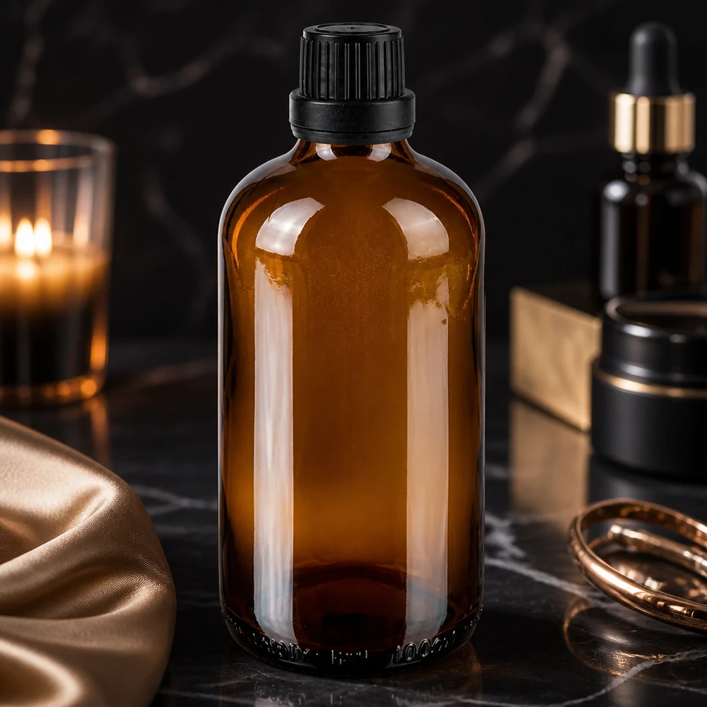 Frasco de farmácia castanho de 100 ml com tampa OV à prova de crianças sobre uma superfície de mármore preto