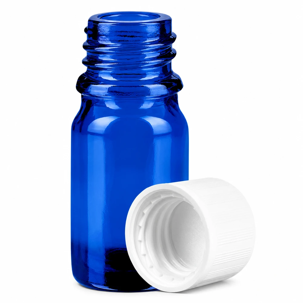 Frasco de laboratório de 5 ml em vidro azul com rosca de 11 mm e tampa de segurança para crianças