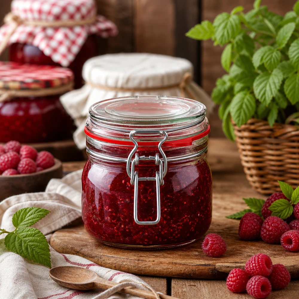 Frasco de conservação de 634 ml, tipo G, com tampa de alça UN.. Frasco de conserva de 634 ml com tampa basculante, perfeito para compotas e marmeladas caseiras