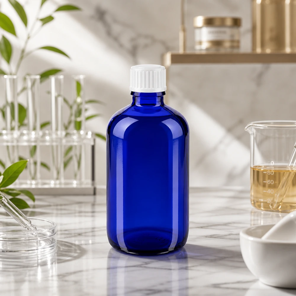 Frasco opaco de 100 ml, azul cobalto, com tampa de segurança branca, no laboratório
