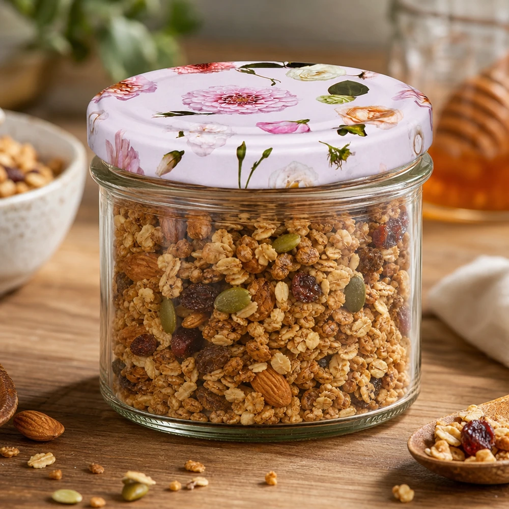 Copos de vidro de 225 ml + tampa BasicSeal flor rosa UNiTWIST Granola de muesli num frasco de pedreiro de 225 ml com tampa de flor cor-de-rosa - armazenamento versátil para alimentos e snacks