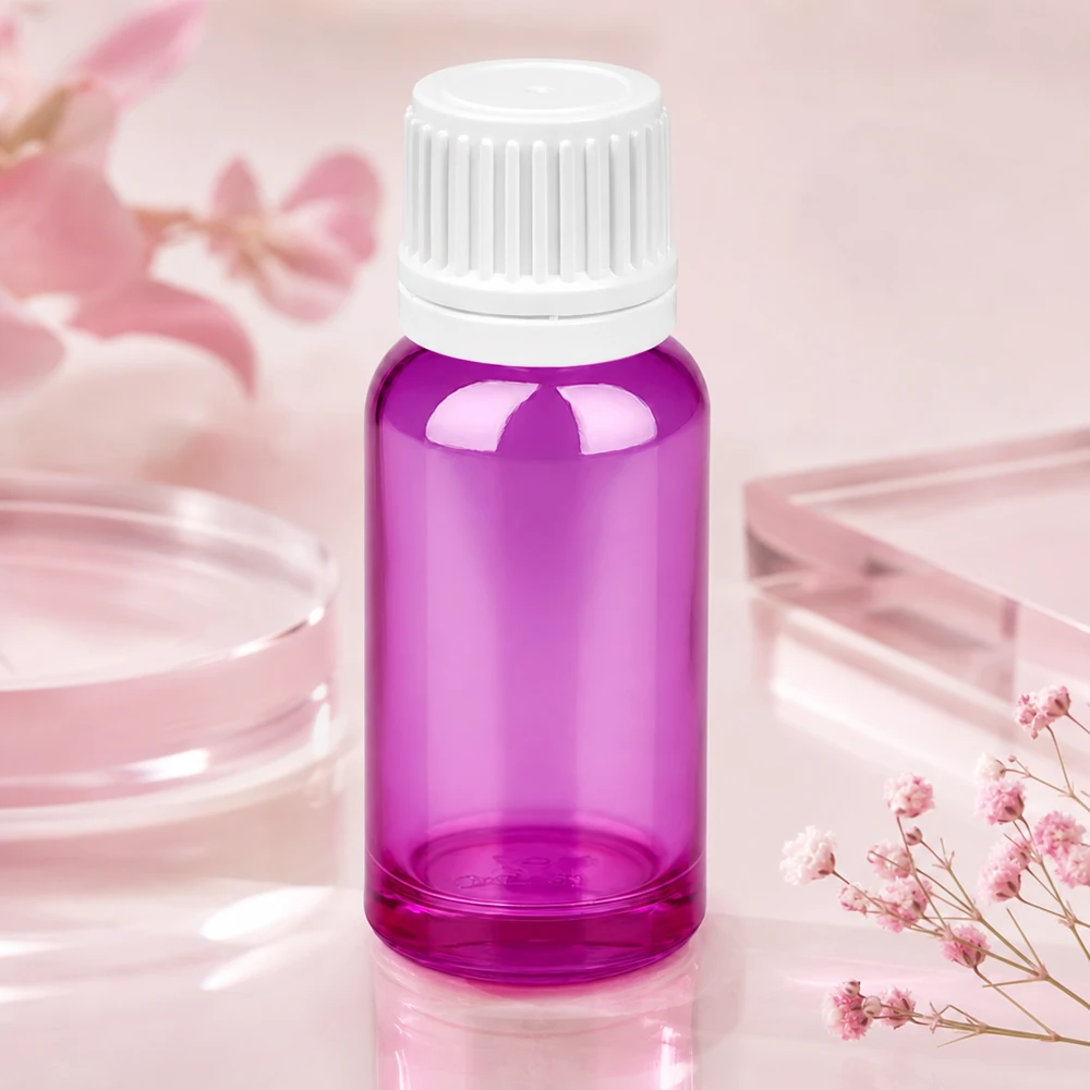 Frasco de 20ml com tampa de rosca de 11mm branca Originalidade tampa de rosca PurpleLine UT18/20 Frasco de 20 ml de alta qualidade em vidro borossilicato violeta com tampa branca para farmácia