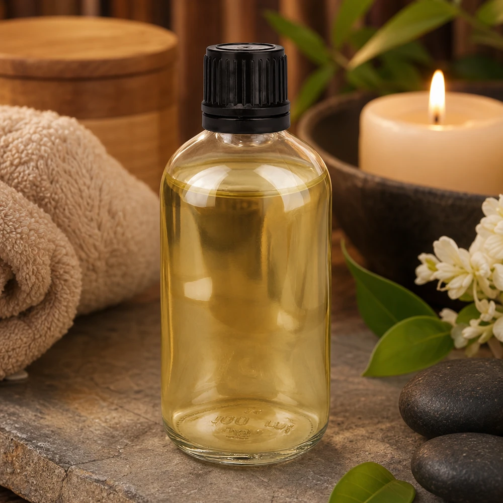 Frasco de vidro para aromaterapia de 100 ml com rosca padrão e tampa preta para óleos essenciais