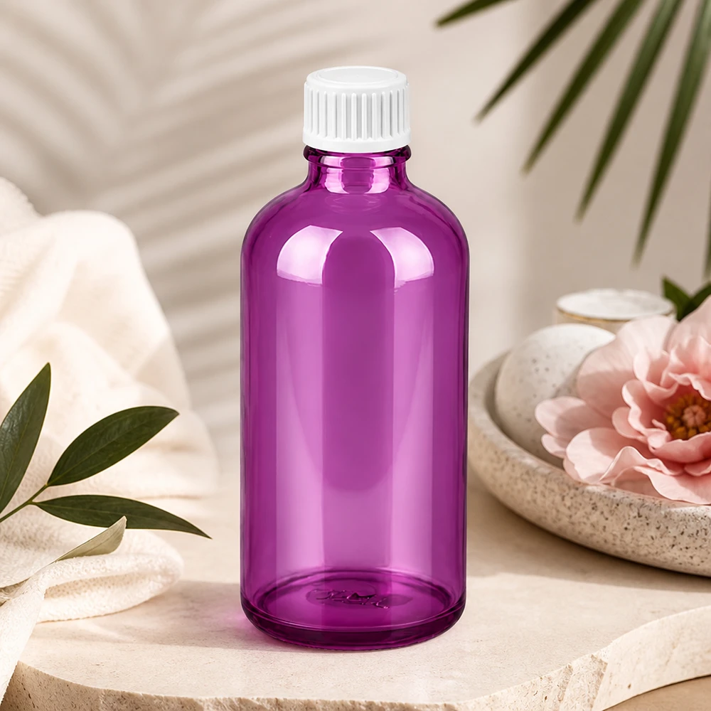Frasco de 100 ml (glóbulo) com anel de vazamento de 3 mm branco PurpleLine padrão. UT18/100 Frasco compacto de vidro violeta de 100 ml com rosca UT18 para produtos de aromaterapia
